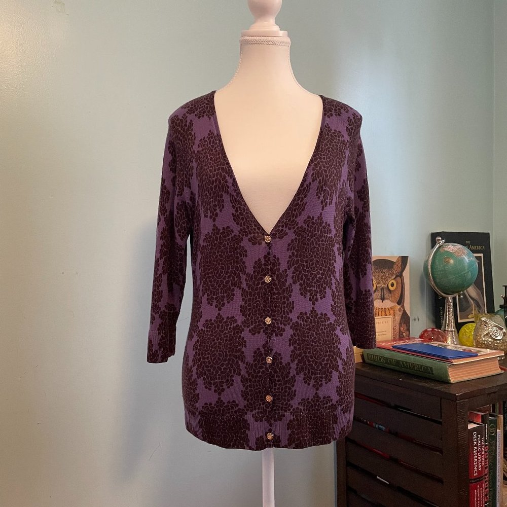 Tory Burch Merino Wool Purple Printed Cardigan Sweater Size Medium